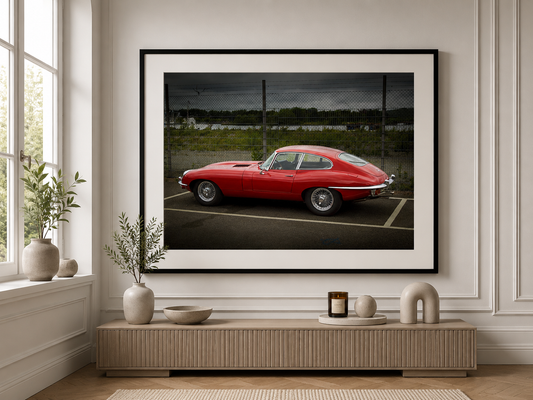 Jaguar e-Type röd, klassisk ikonisk sportbil
