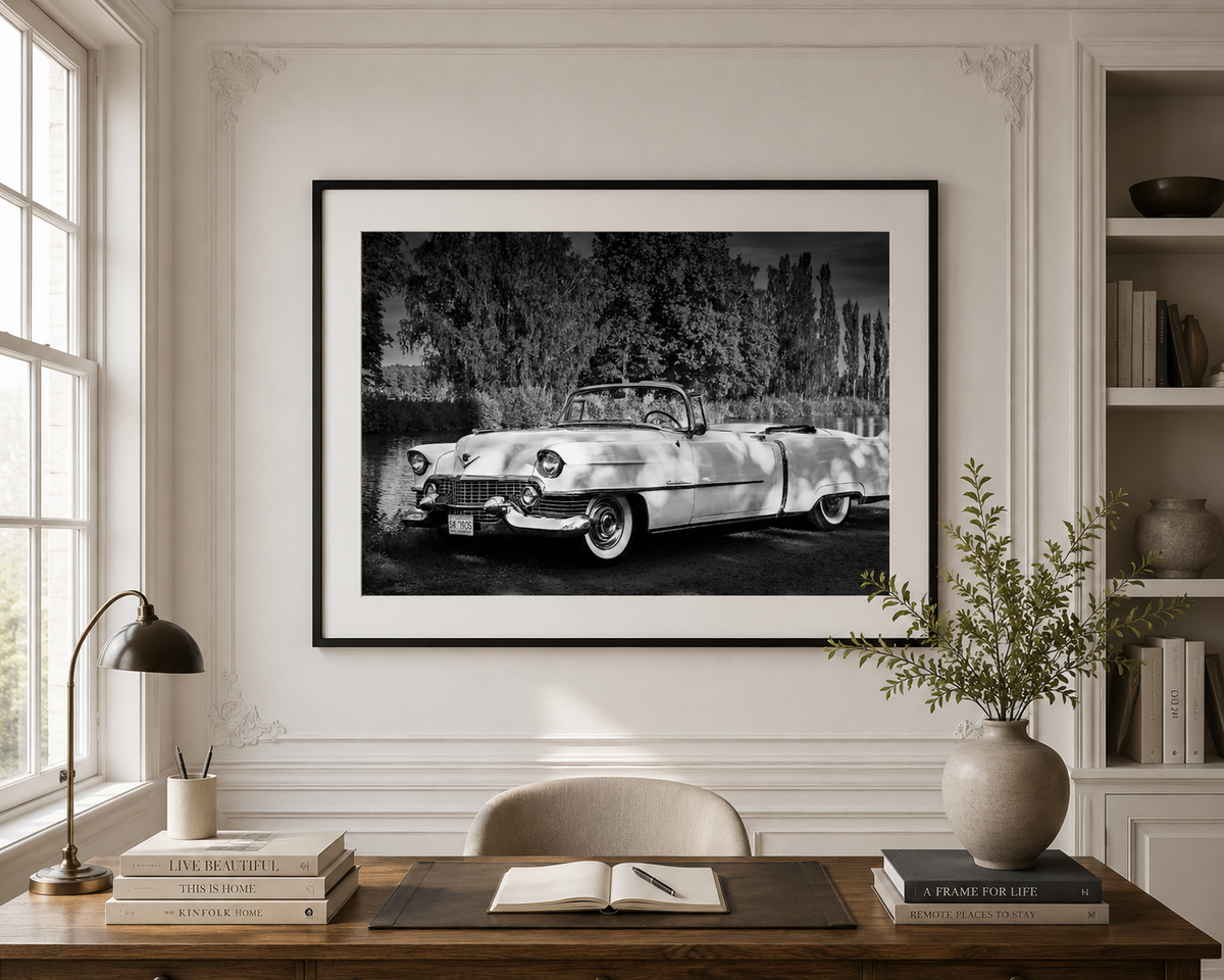 Vintage Cadillac Black & White Wall Art – Classic Car Photography Print