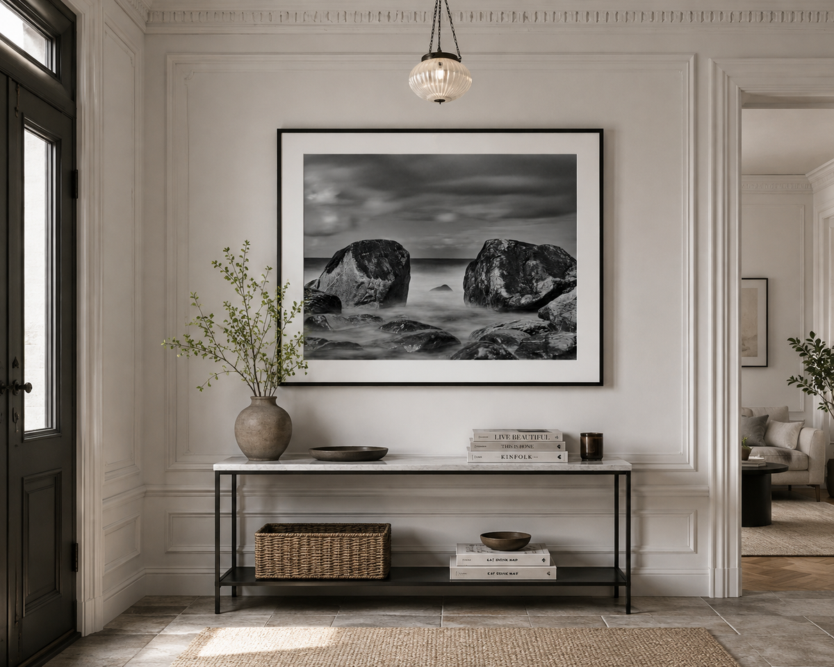 Black and White Seascape – Dramatic Coastal Rocks Fine Art Photography Print