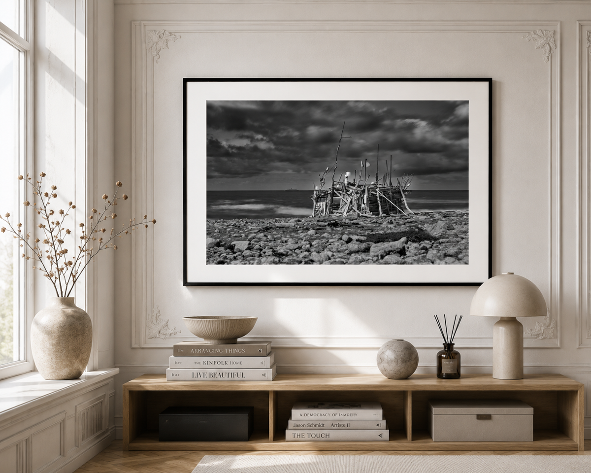 Black and White Coastal Photography – Rustic Fisherman’s Hut Seascape Print